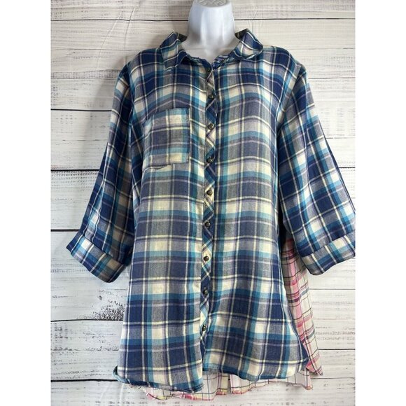Soft Surroundings Medium Button Down Plaid & Embroidered Serena Boho Floral Top - Picture 2 of 15